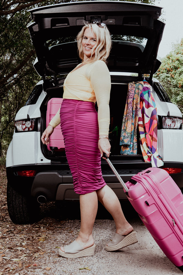 Magenta Soft To Touch - Ruched Midi Skirt-Activewear-Exoticathletica