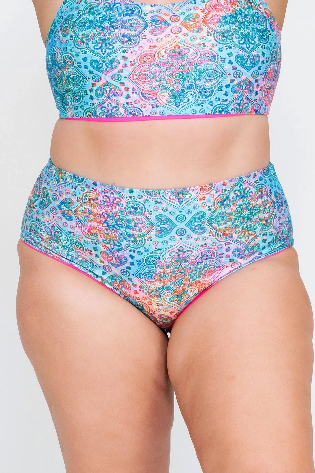 Mandala Rainbow Performance - High Waisted Extra Coverage Bikini Bottoms-Activewear-Exoticathletica