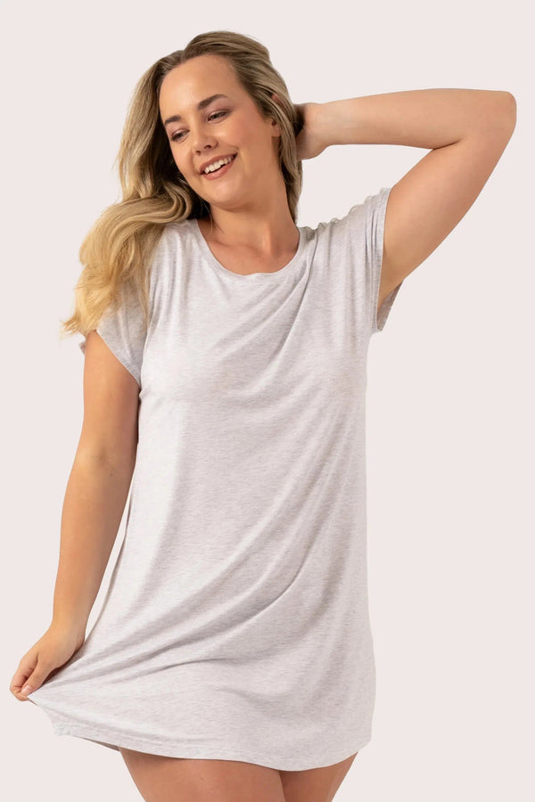 Modal Lace Trim T-Shirt Nightie - Light Grey-Activewear-Exoticathletica