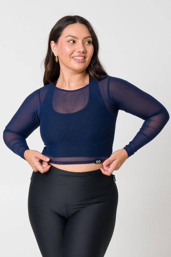 Navy Net - Fitted Cropped Long Sleeve Tee-Activewear-Exoticathletica
