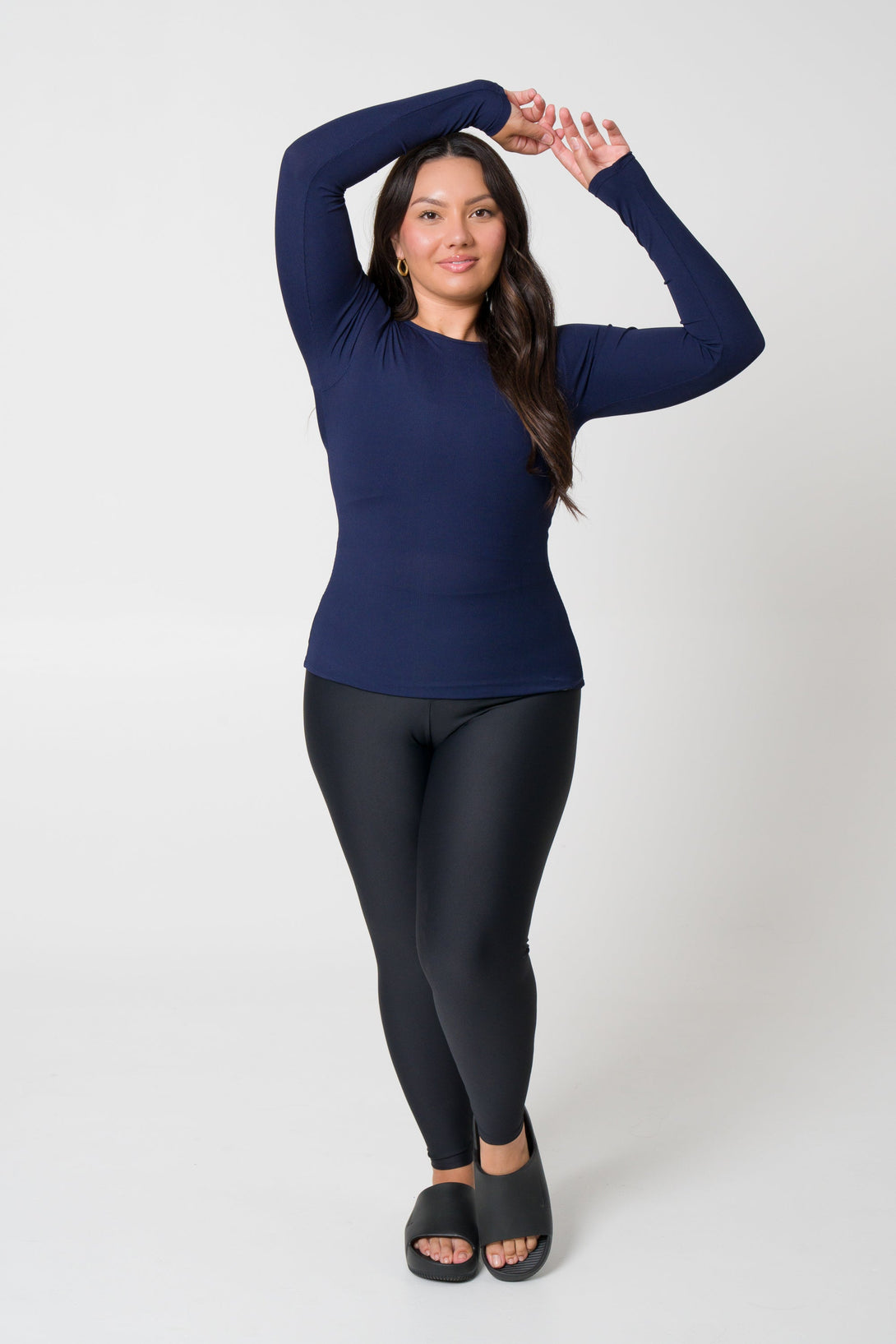 Navy Rib Knit - Fitted Long Sleeve Tee-Activewear-Exoticathletica