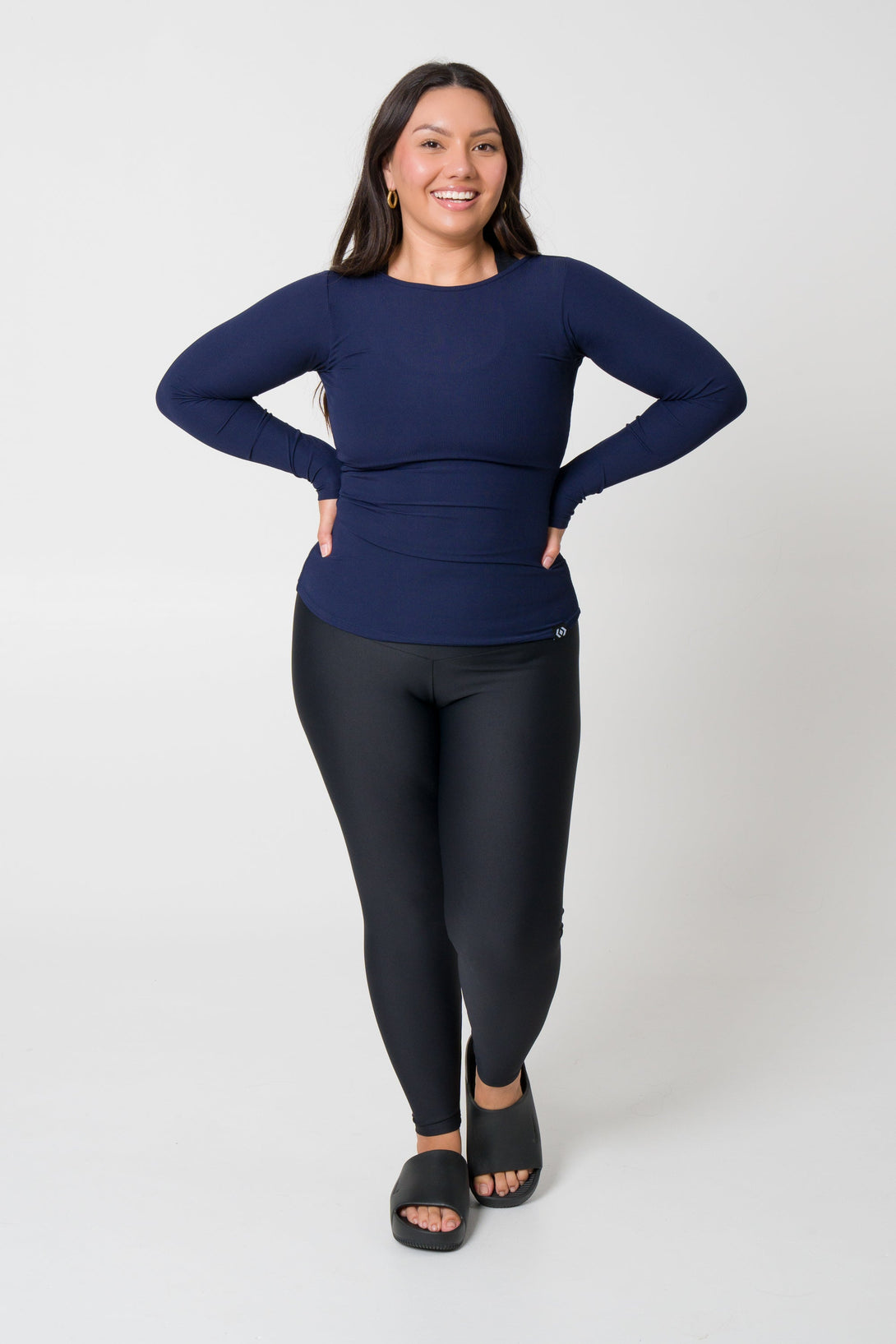 Navy Rib Knit - Fitted Long Sleeve Tee-Activewear-Exoticathletica