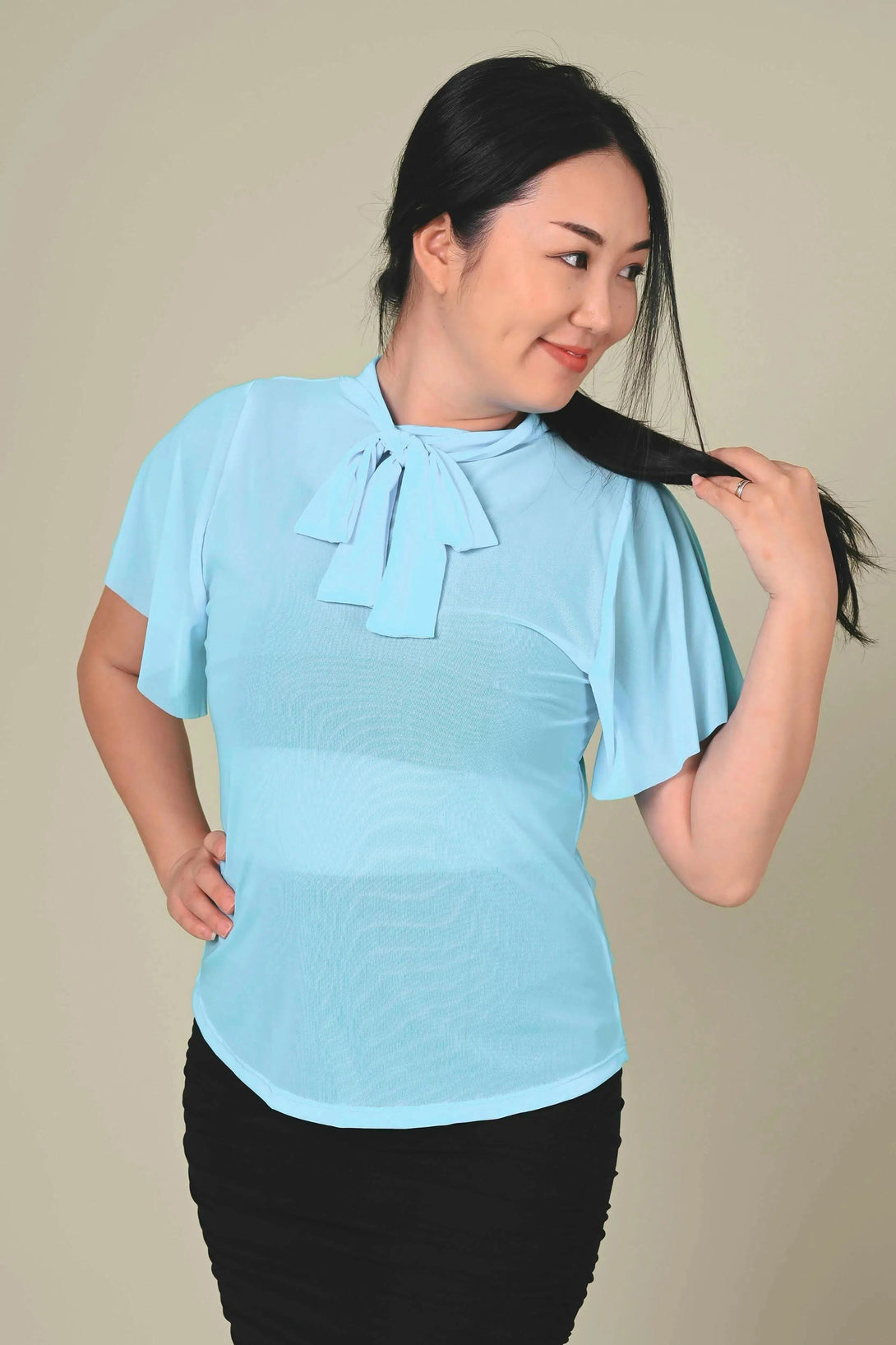 Net Boss Bish Blouse W/ Flutter Sleeve - Aqua Blue-Activewear-Exoticathletica