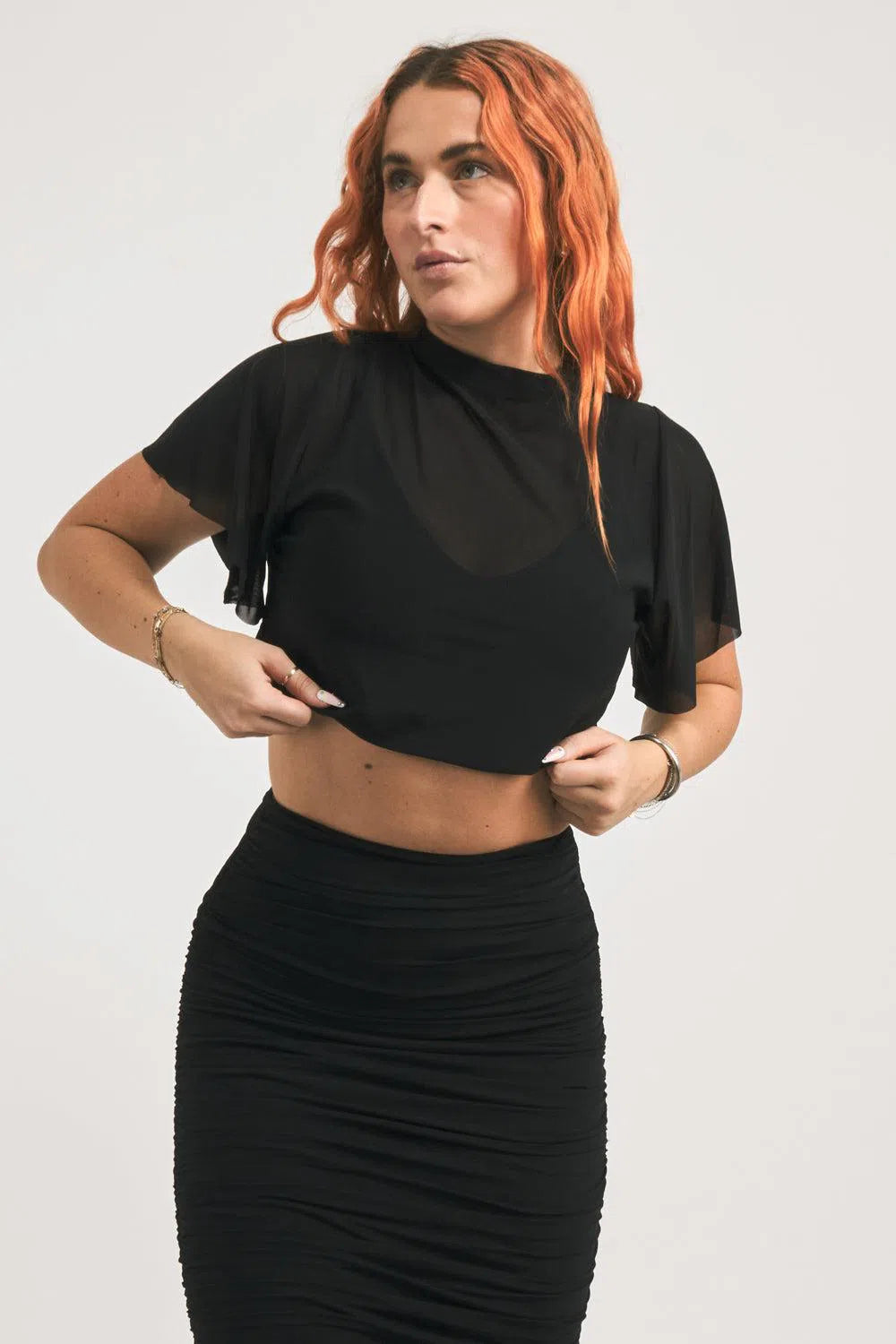 Net Boss Bish Blouse W/ Flutter Sleeve - Black-Activewear-Exoticathletica