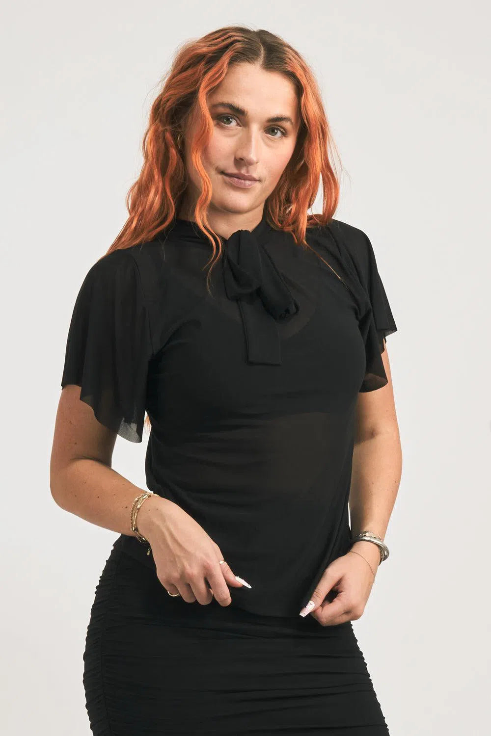 Net Boss Bish Blouse W/ Flutter Sleeve - Black-Activewear-Exoticathletica