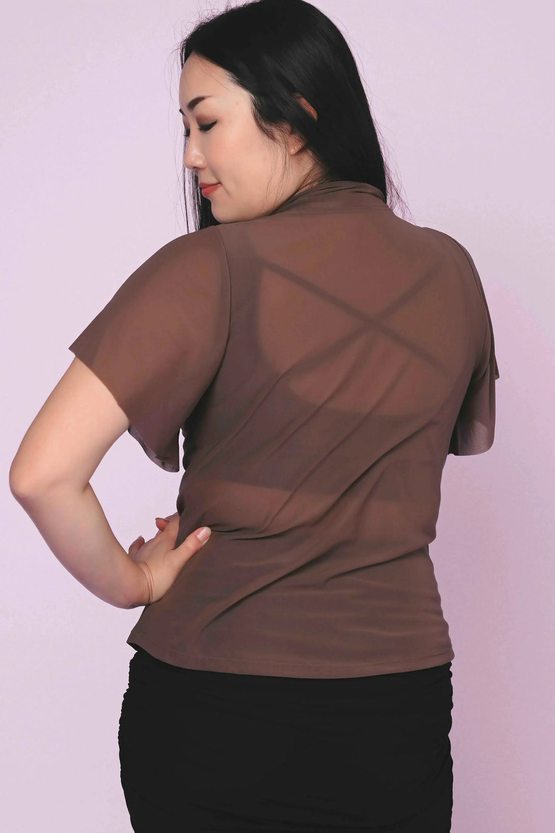 Net Boss Bish Blouse W/ Flutter Sleeve - Chocolate-Activewear-Exoticathletica