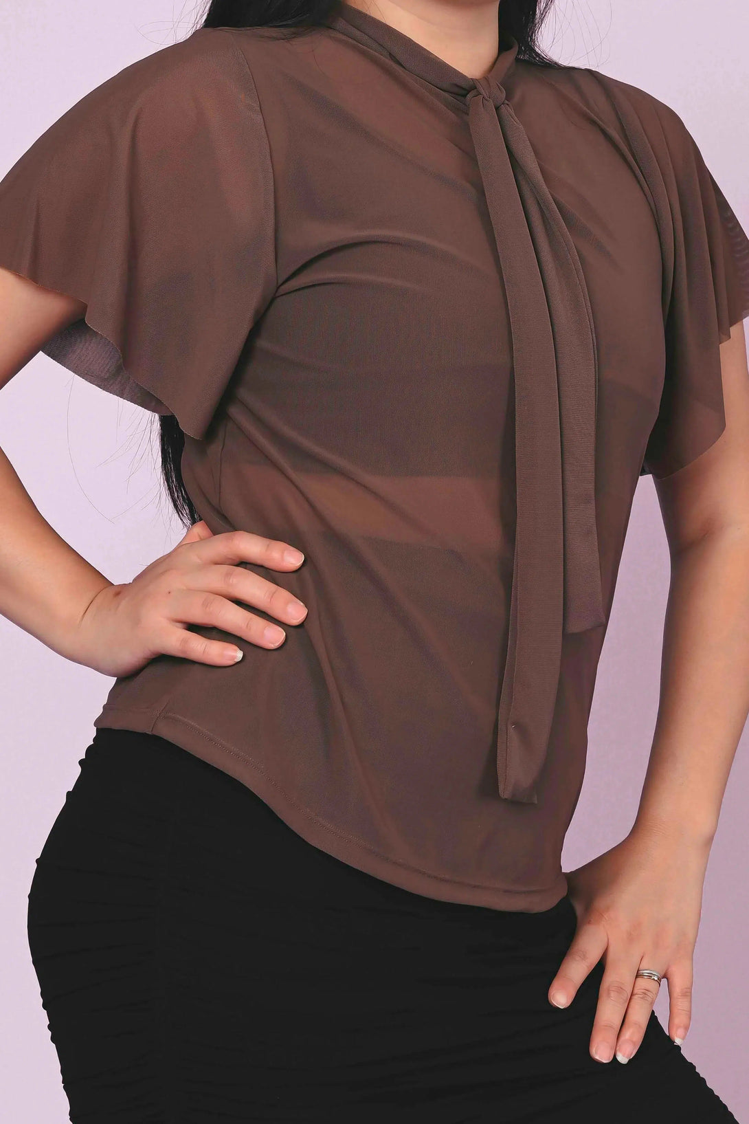 Net Boss Bish Blouse W/ Flutter Sleeve - Chocolate-Activewear-Exoticathletica