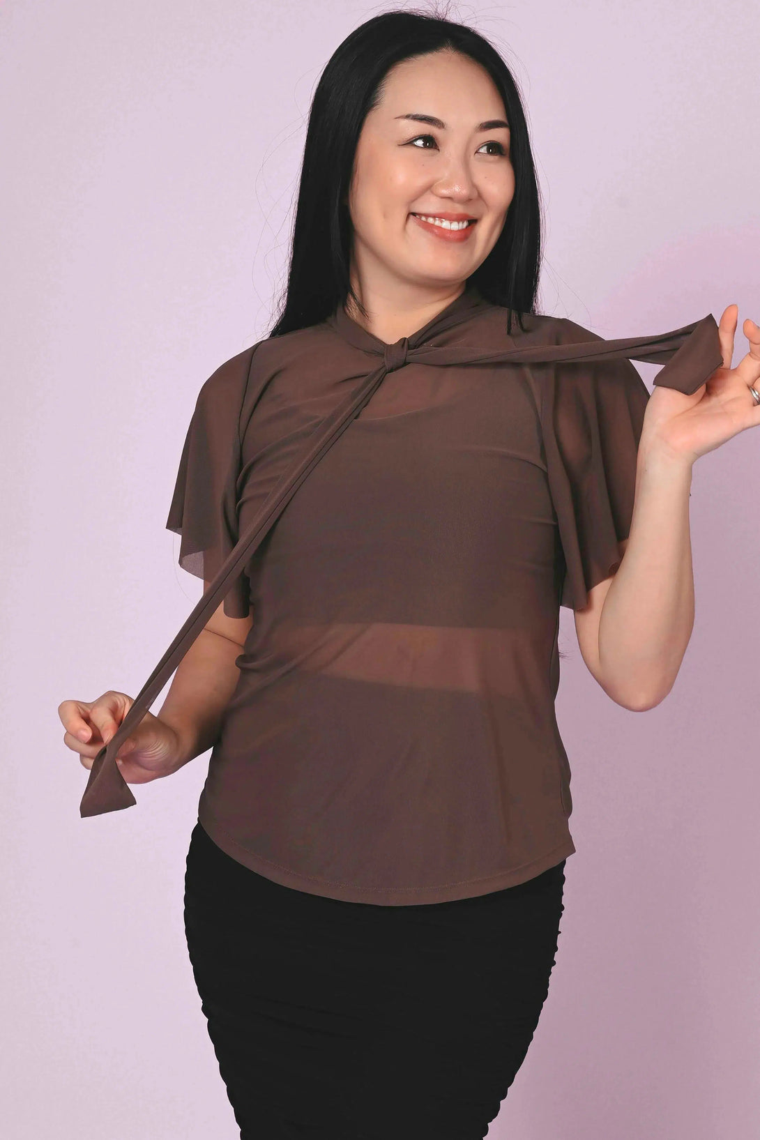 Net Boss Bish Blouse W/ Flutter Sleeve - Chocolate-Activewear-Exoticathletica