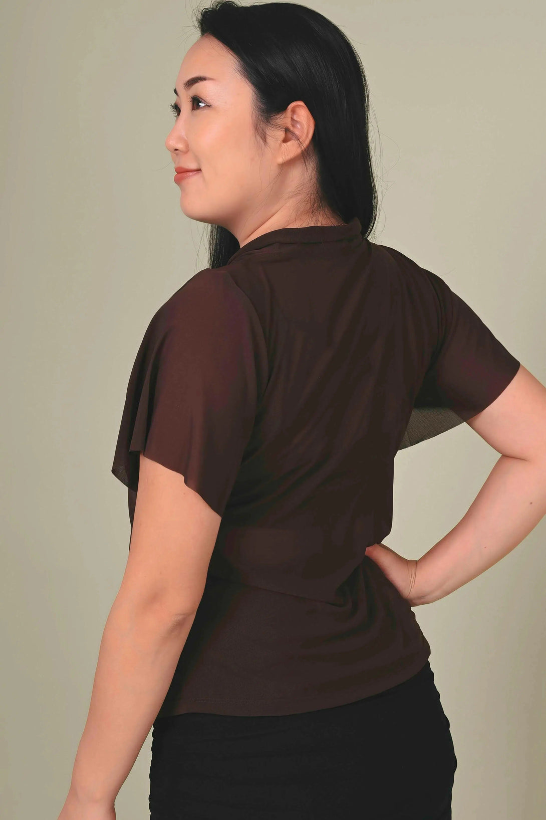 Net Boss Bish Blouse W/ Flutter Sleeve - Dark Chocolate-Activewear-Exoticathletica