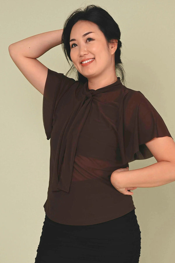 Net Boss Bish Blouse W/ Flutter Sleeve - Dark Chocolate-Activewear-Exoticathletica