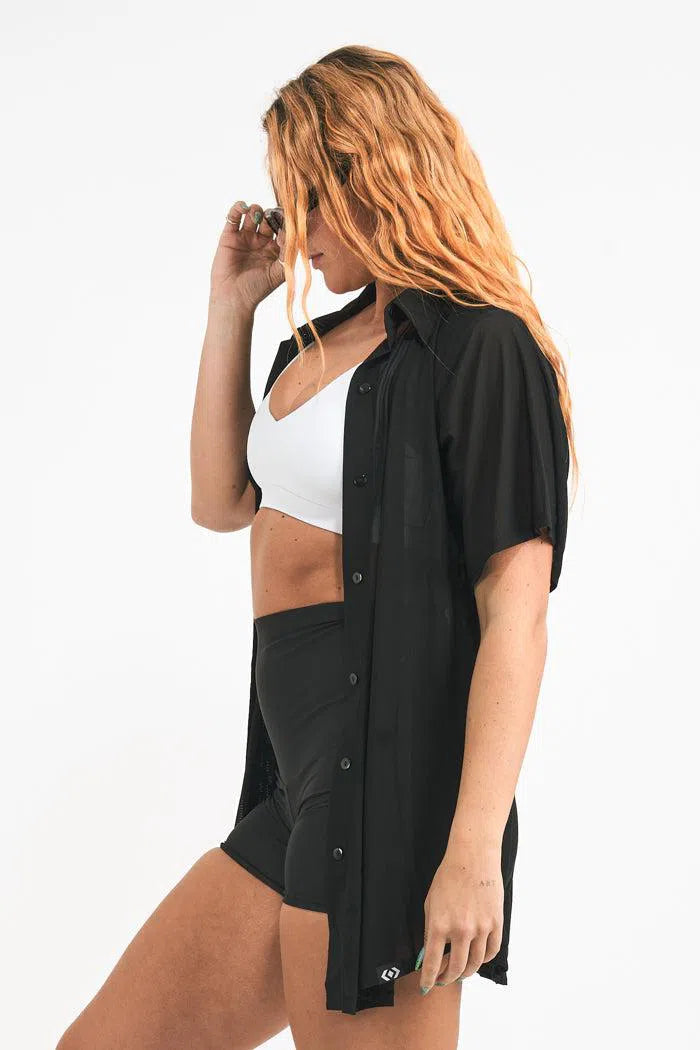 Net Button Up Boyfriend Tee - Black-Activewear-Exoticathletica