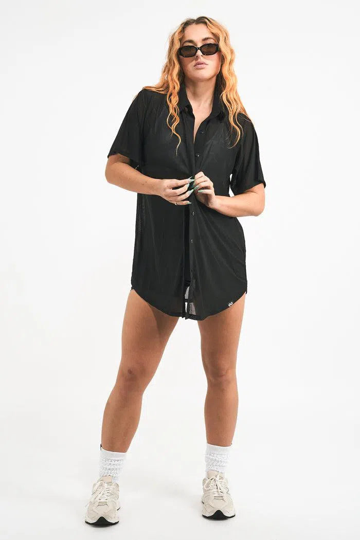 Net Button Up Boyfriend Tee - Black-Activewear-Exoticathletica