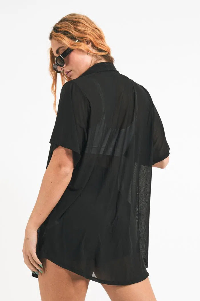 Net Button Up Boyfriend Tee - Black-Activewear-Exoticathletica