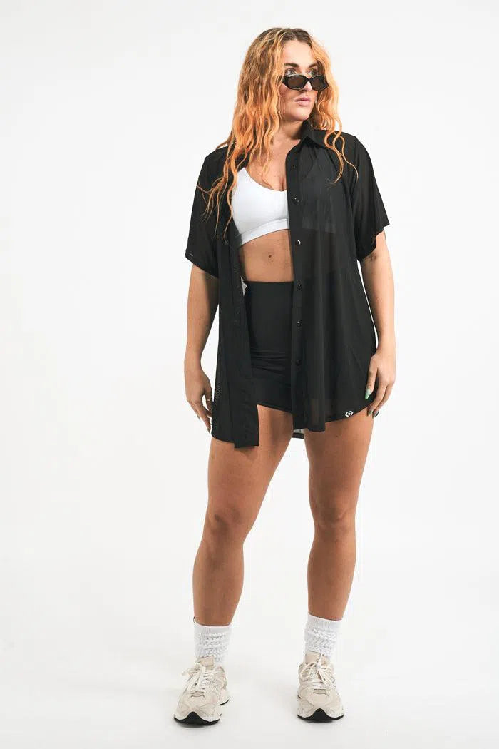 Net Button Up Boyfriend Tee - Black-Activewear-Exoticathletica