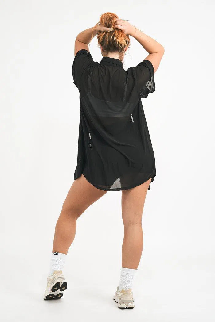 Net Button Up Boyfriend Tee - Black-Activewear-Exoticathletica