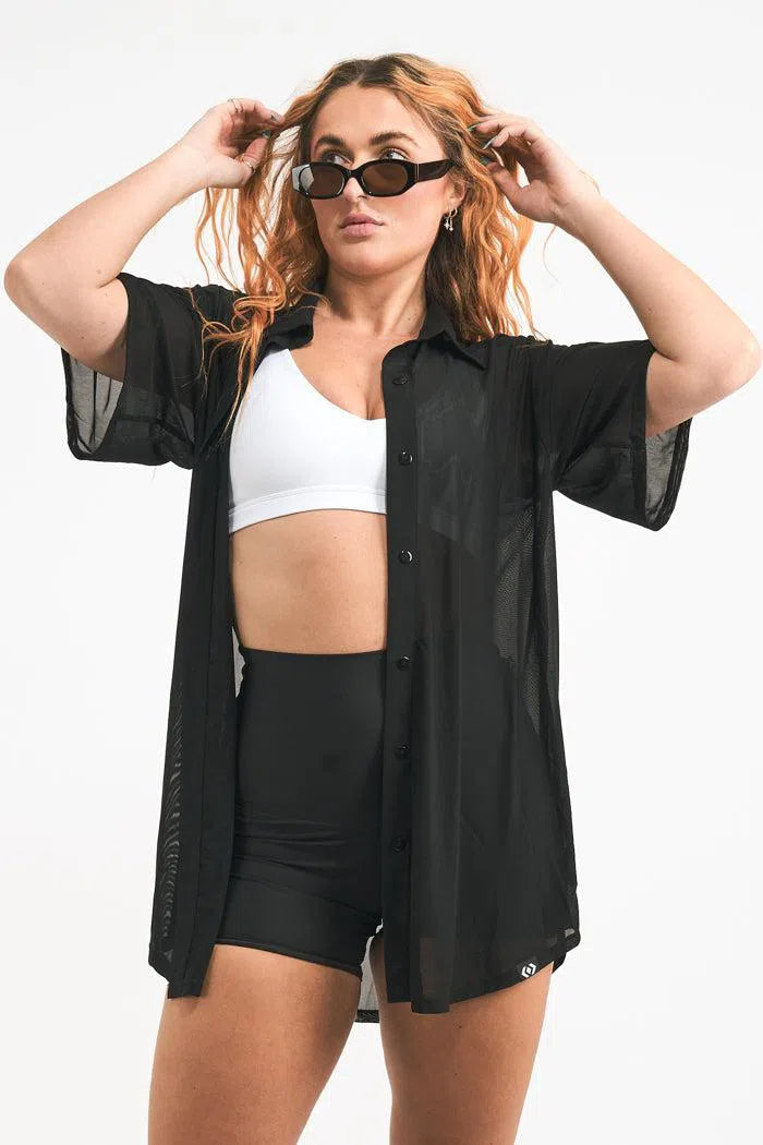 Net Button Up Boyfriend Tee - Black-Activewear-Exoticathletica