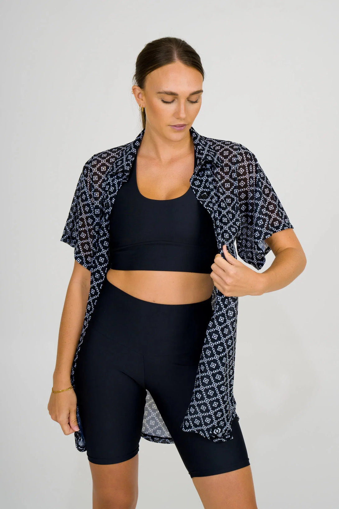 Net Button Up Boyfriend Tee - Monogram Black-Activewear-Exoticathletica