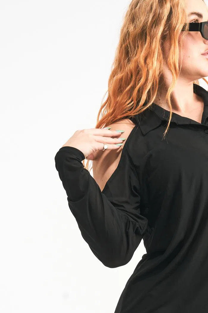 Net Button Up Cold Shoulder Blouse - Black-Activewear-Exoticathletica