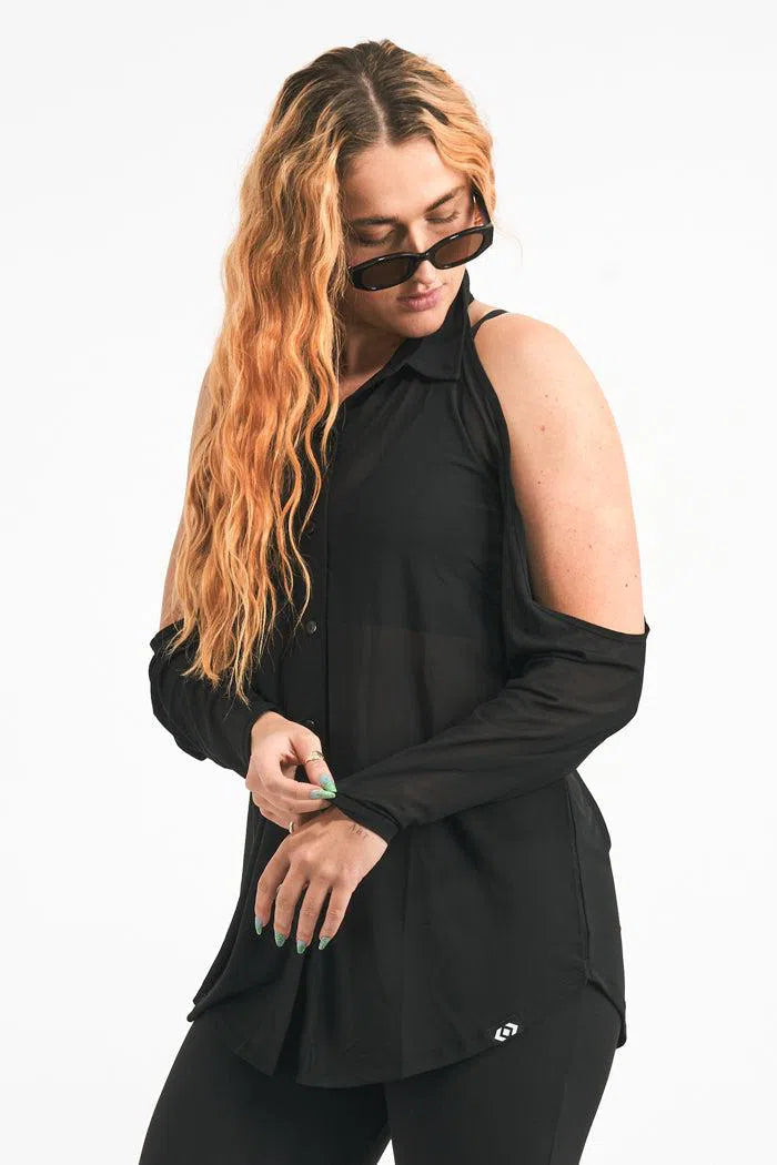 Net Button Up Cold Shoulder Blouse - Black-Activewear-Exoticathletica