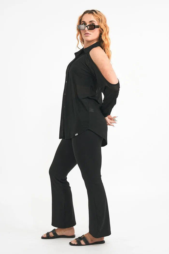 Net Button Up Cold Shoulder Blouse - Black-Activewear-Exoticathletica