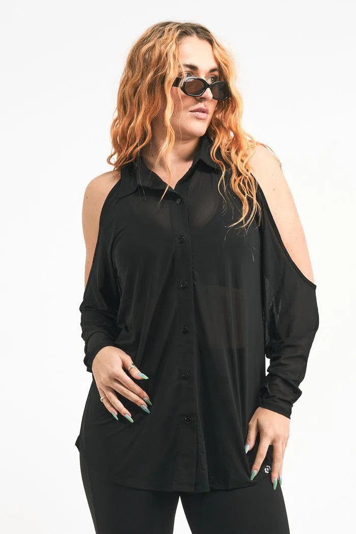 Net Button Up Cold Shoulder Blouse - Black-Activewear-Exoticathletica