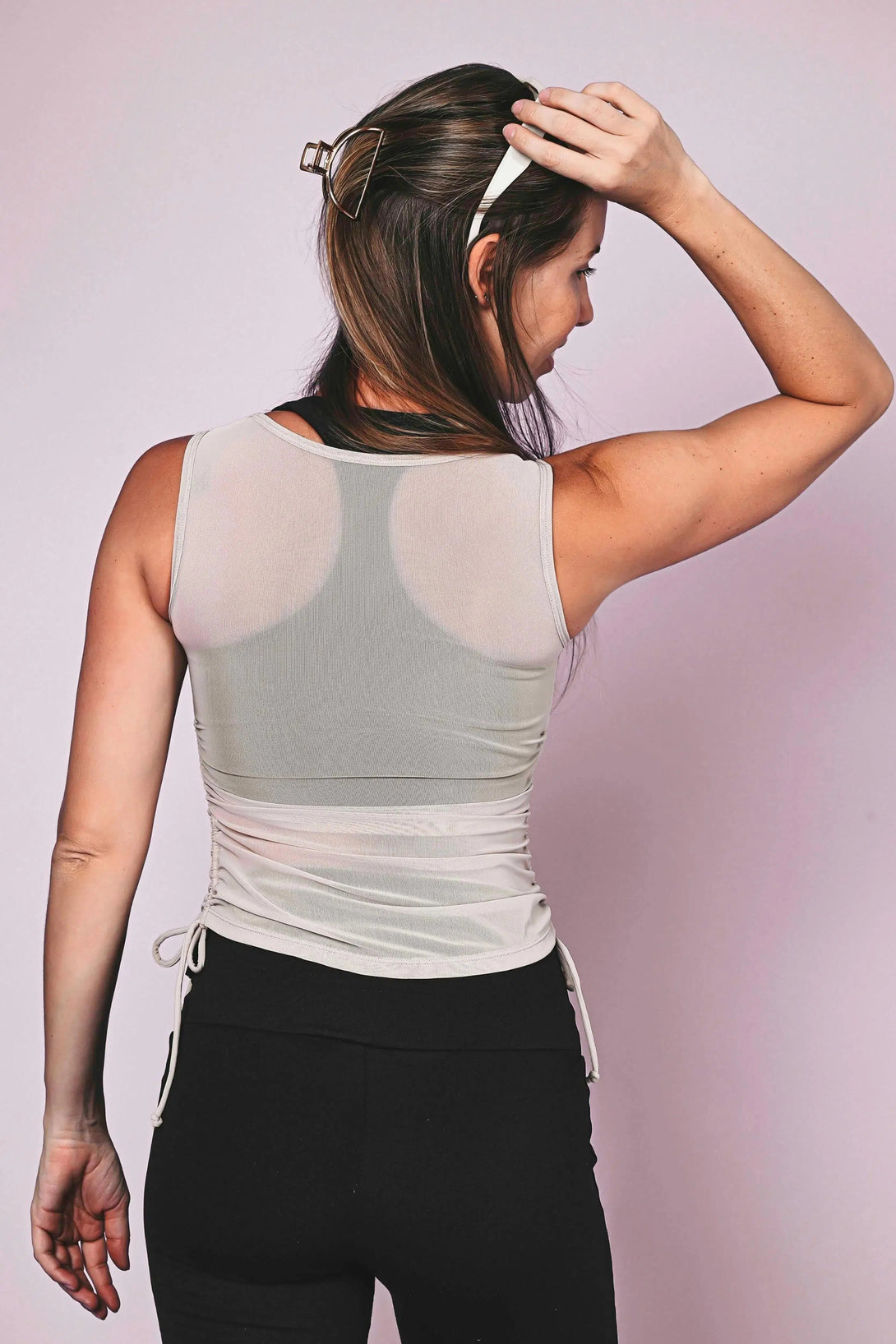 Net Cinched Side Fitted V Neck Tank - Dark Oatmeal-Activewear-Exoticathletica