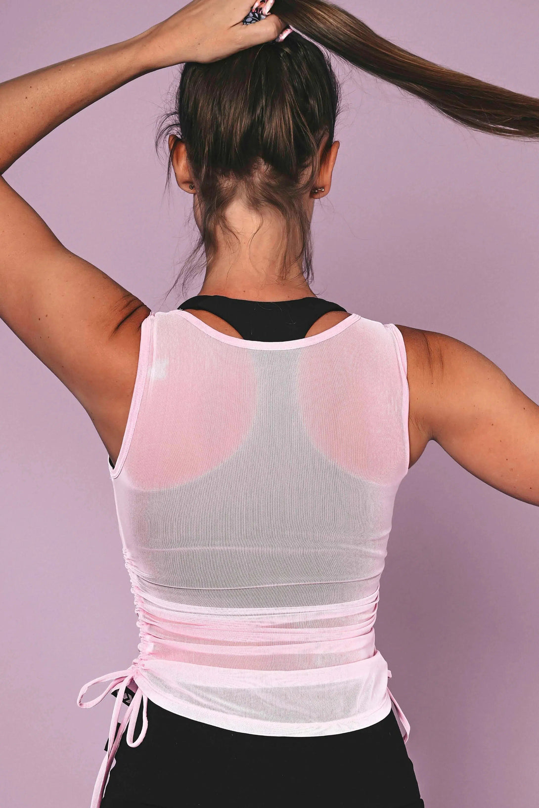 Net Cinched Side Fitted V Neck Tank - Pastel Pink-Activewear-Exoticathletica