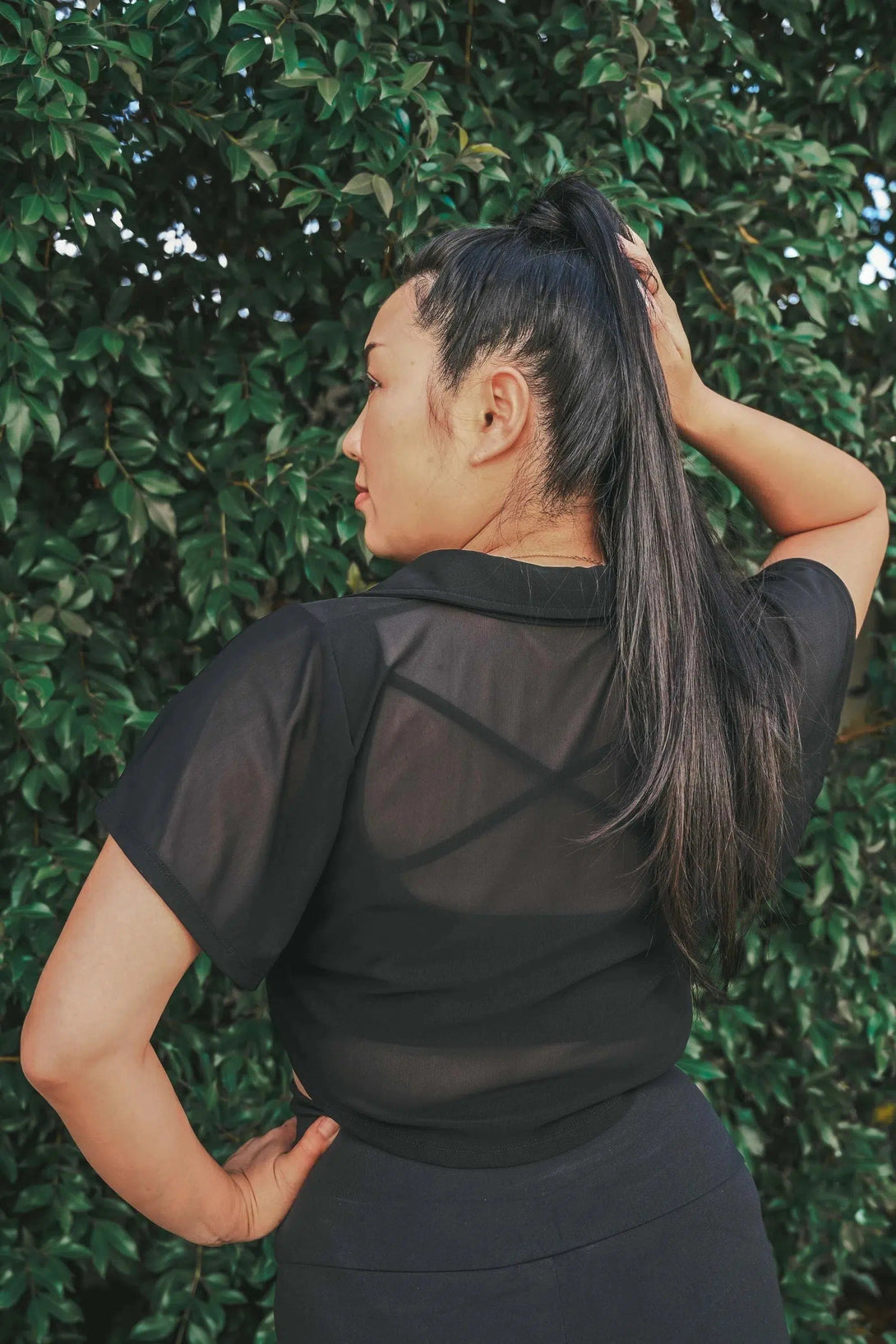 Net Cropped Button Up Blouse - Black-Activewear-Exoticathletica