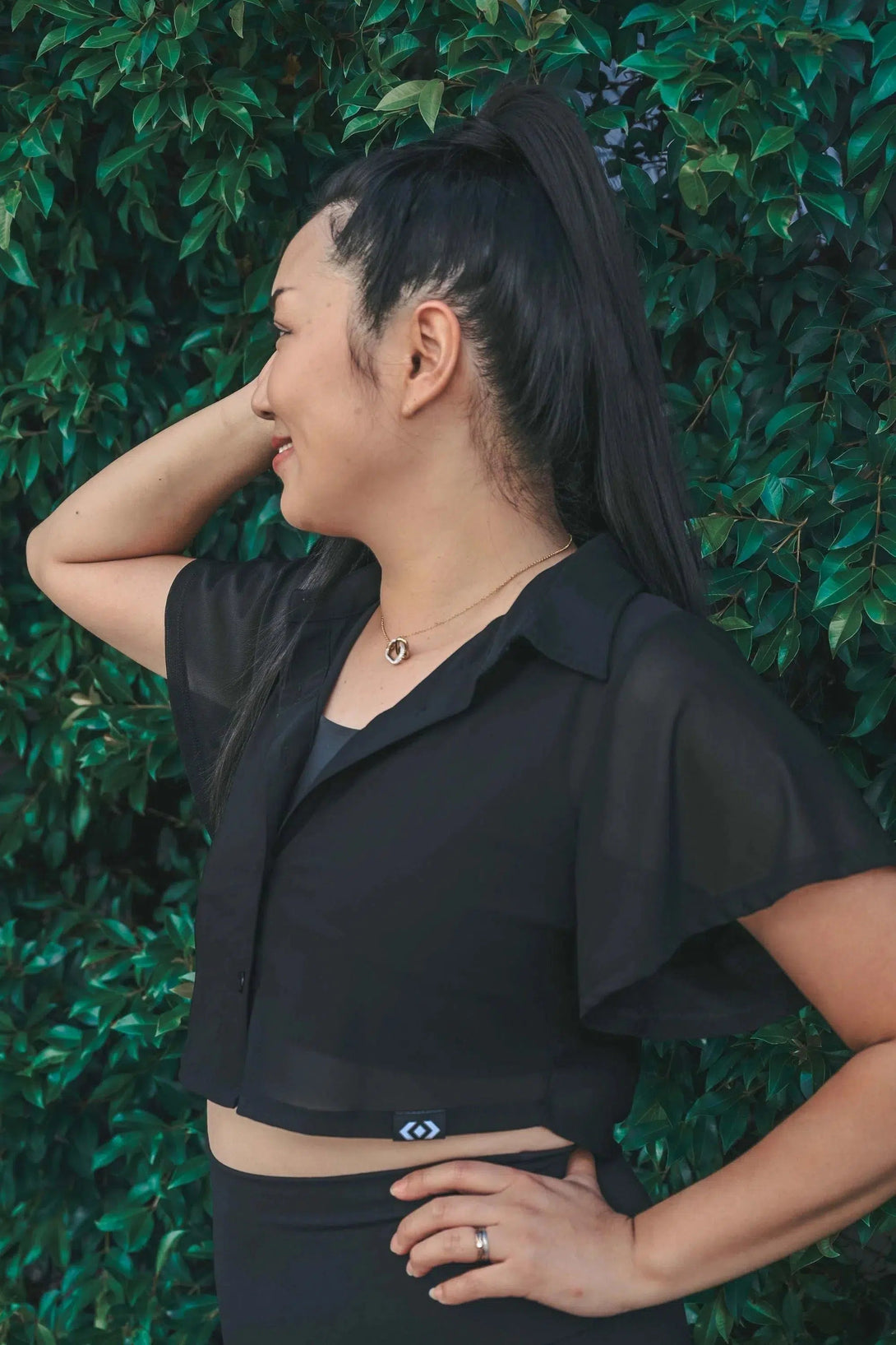 Net Cropped Button Up Blouse - Black-Activewear-Exoticathletica