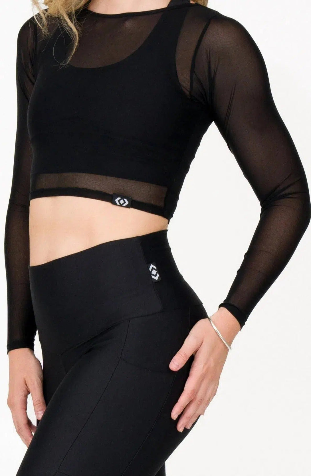 Net Fitted Cropped Long Sleeve Tee - Black-Activewear-Exoticathletica