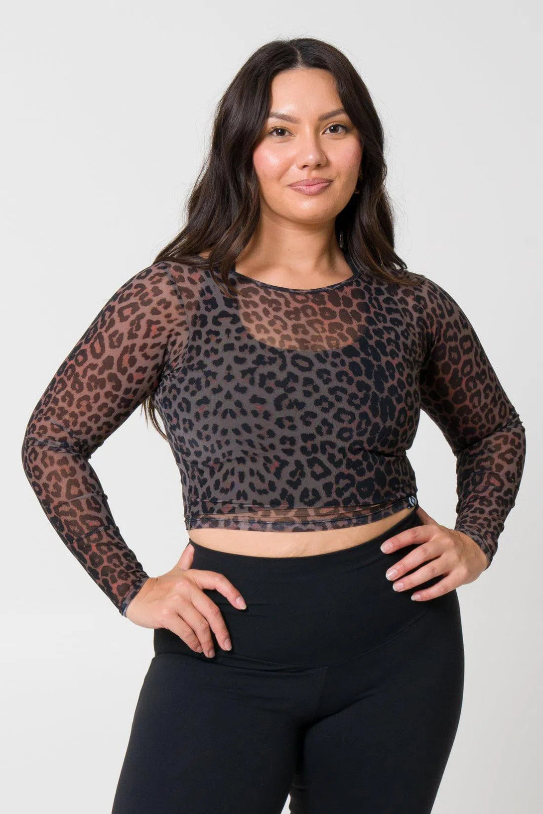 Net Fitted Cropped Long Sleeve Tee - Chocolate Swag-Activewear-Exoticathletica