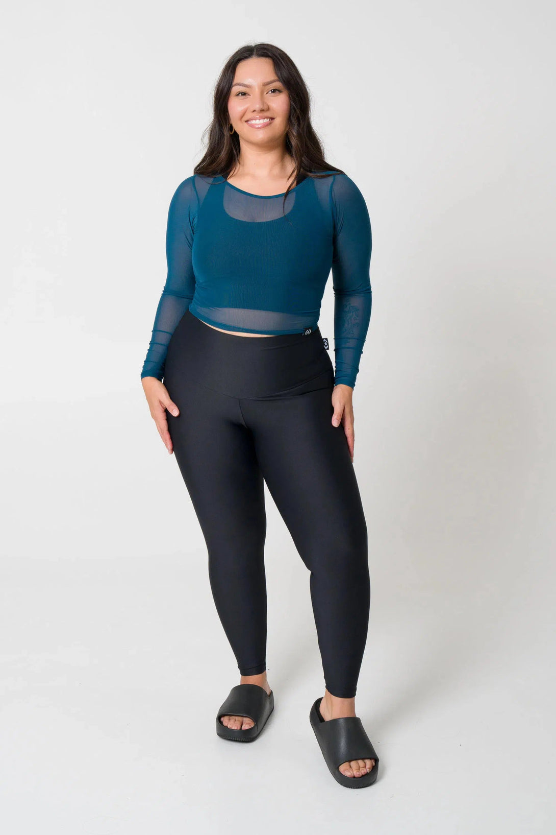 Net Fitted Cropped Long Sleeve Tee - Dark Teal-Activewear-Exoticathletica