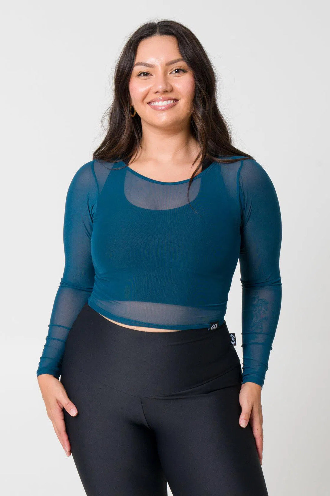 Net Fitted Cropped Long Sleeve Tee - Dark Teal-Activewear-Exoticathletica