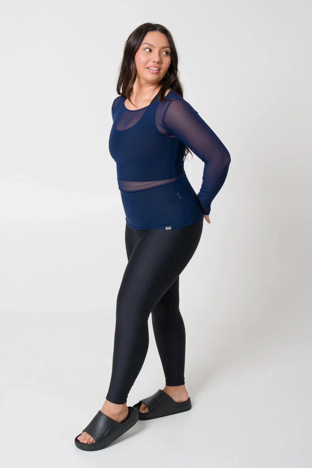 Net Fitted Long Sleeve Tee - Navy-Activewear-Exoticathletica