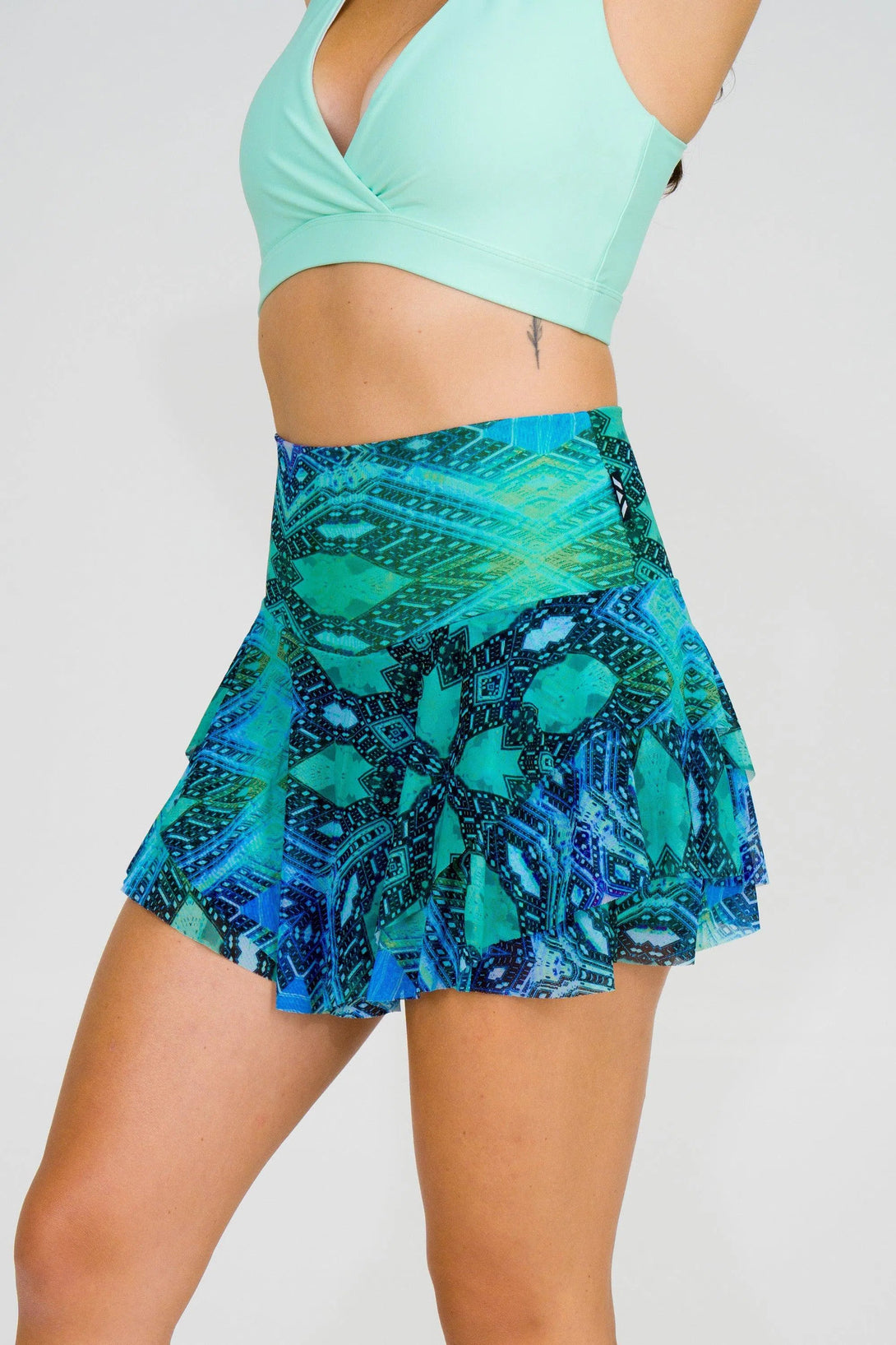 Net High Waisted Ruffle Skort - Enchantment Aqua-Activewear-Exoticathletica