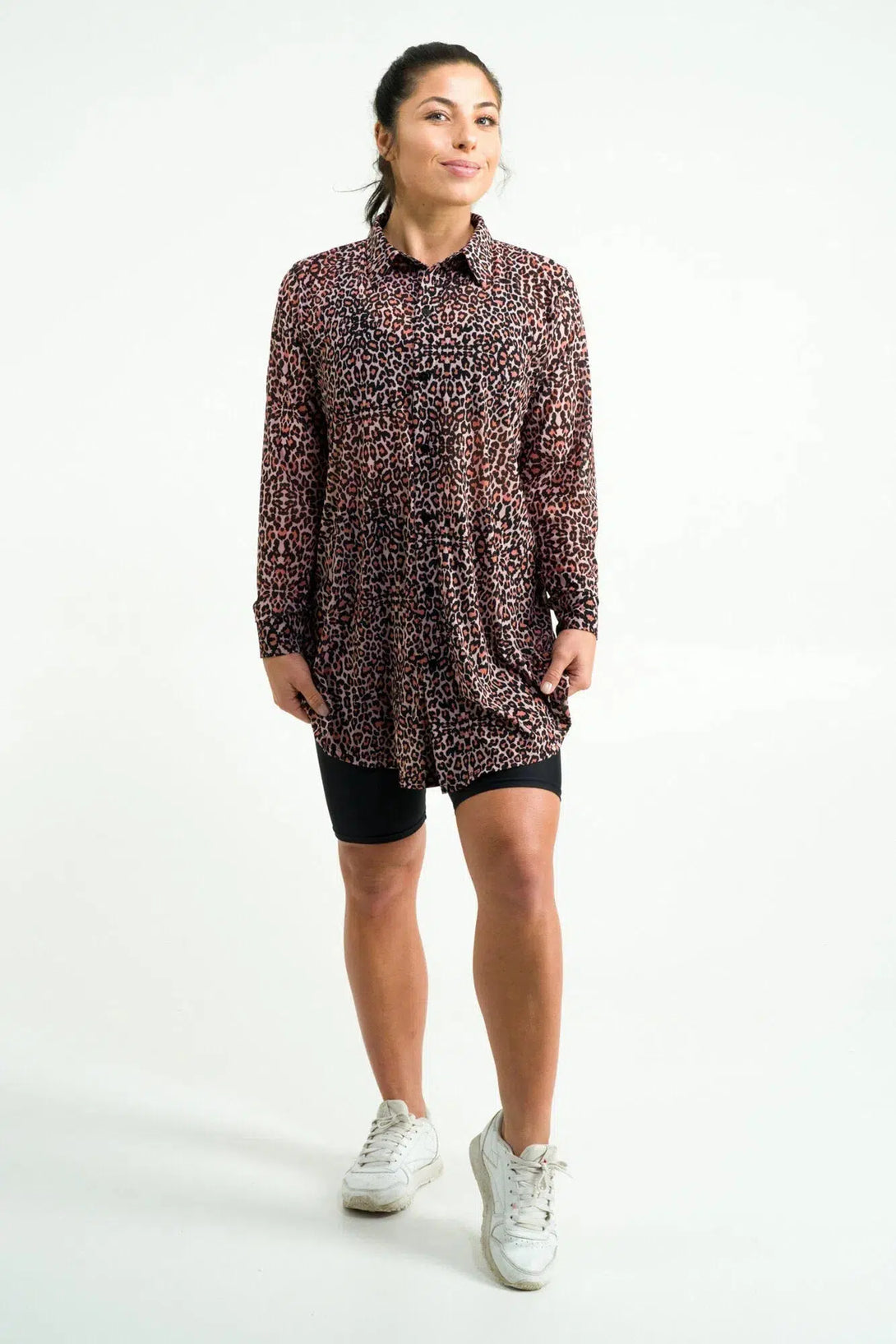 Net Long Sleeve Button Up Boyfriend Tee - Find Your Wild-Activewear-Exoticathletica