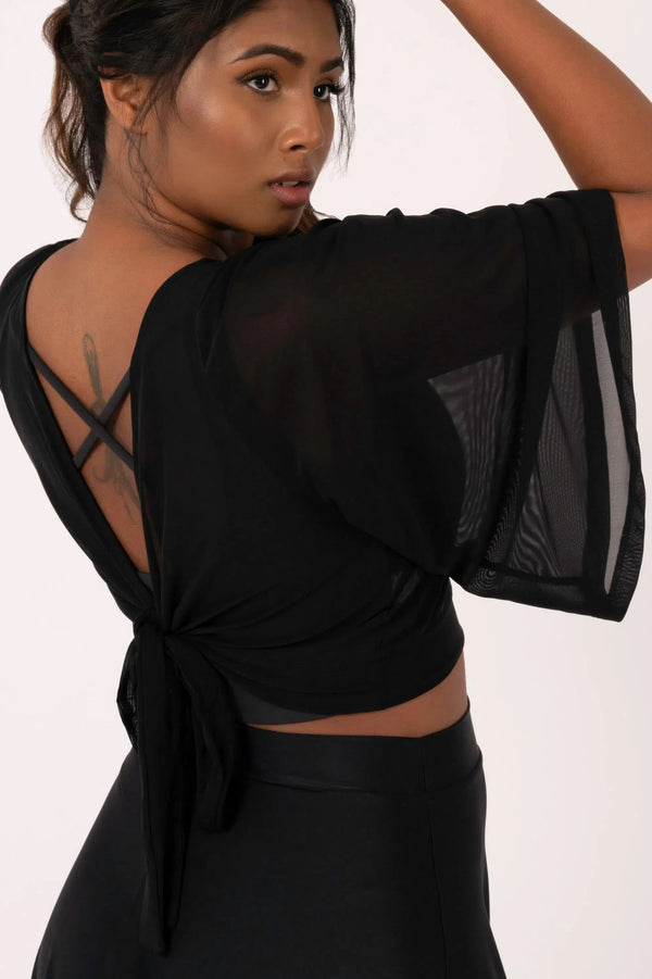 Net Reversible Wrap Blouse W/ Long Bell Sleeves - Black-Activewear-Exoticathletica