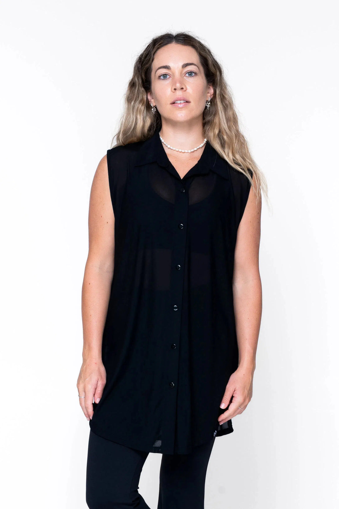 Net Sleeveless Button Up Boyfriend Tee - Black-Activewear-Exoticathletica