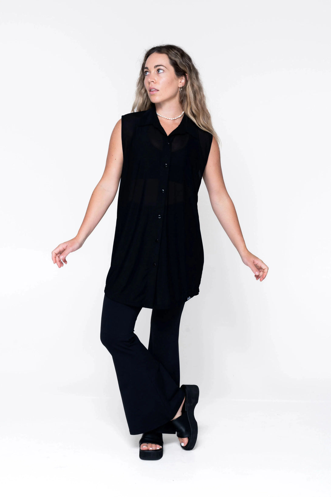 Net Sleeveless Button Up Boyfriend Tee - Black-Activewear-Exoticathletica