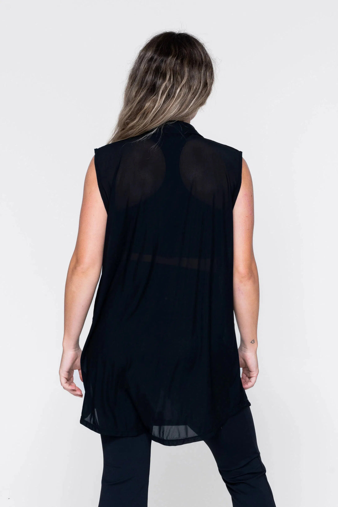 Net Sleeveless Button Up Boyfriend Tee - Black-Activewear-Exoticathletica