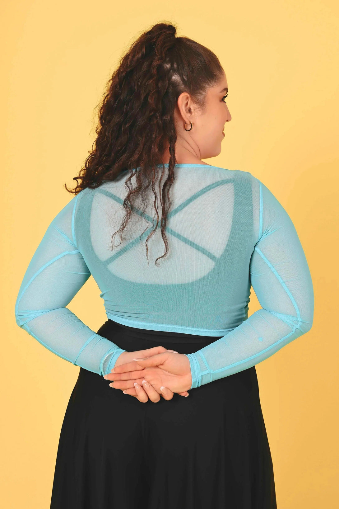 Net Twist Knot Fitted V Neck Cropped Long Sleeve Tee - Aqua Blue-Activewear-Exoticathletica