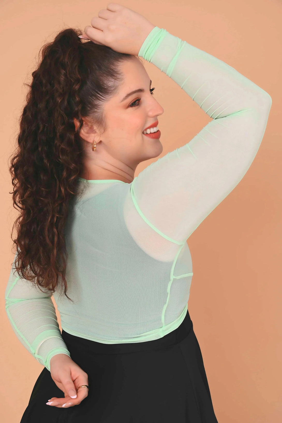 Net Twist Knot Fitted V Neck Cropped Long Sleeve Tee - Mint-Activewear-Exoticathletica