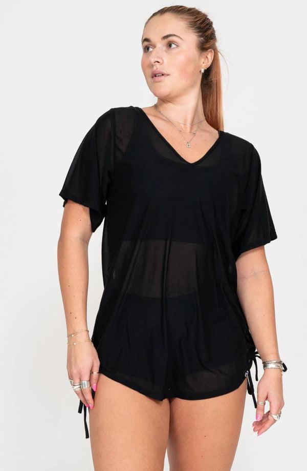 Net V Neck Boyfriend Tee - Black-Activewear-Exoticathletica