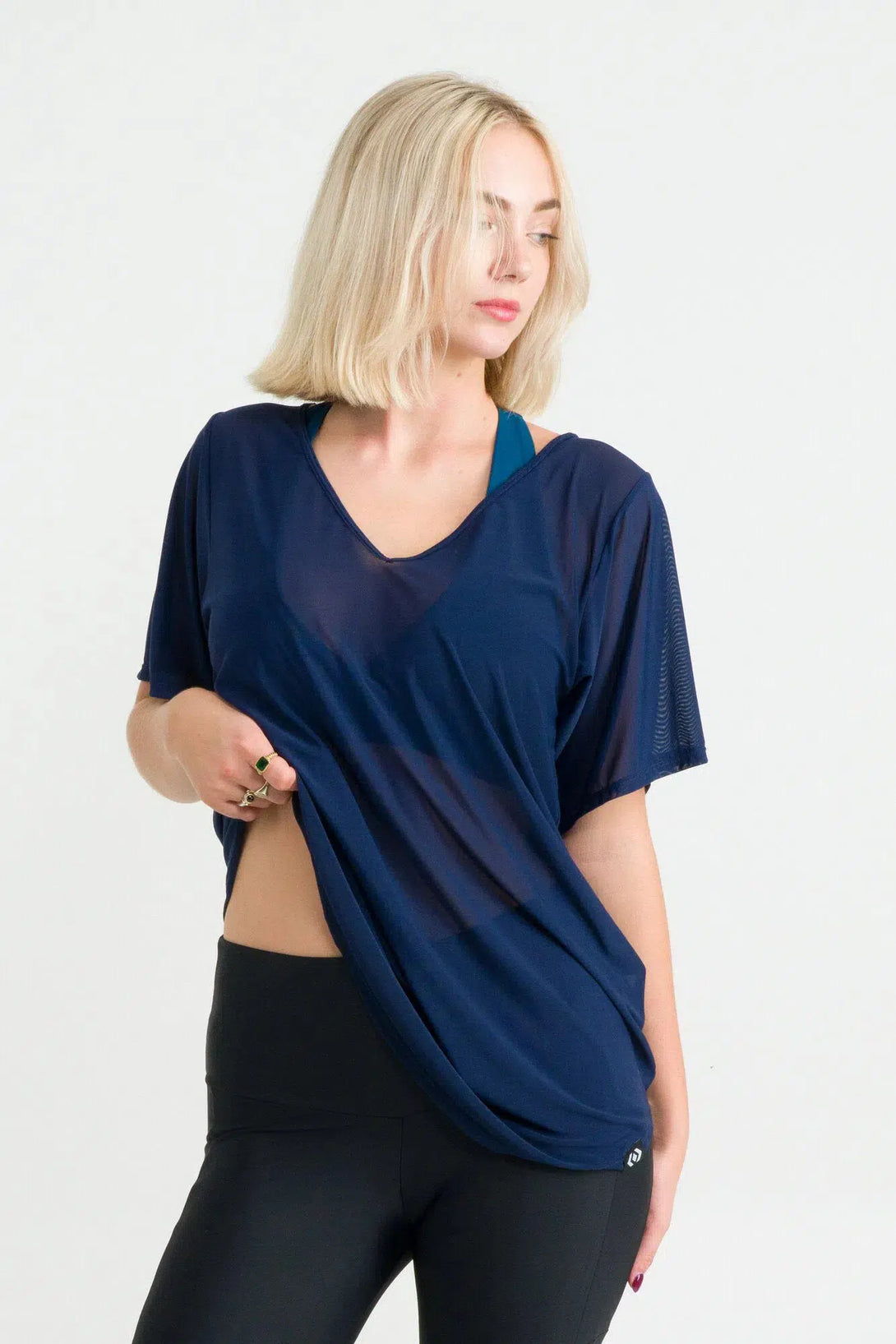 Net V Neck Boyfriend Tee - Navy-Activewear-Exoticathletica