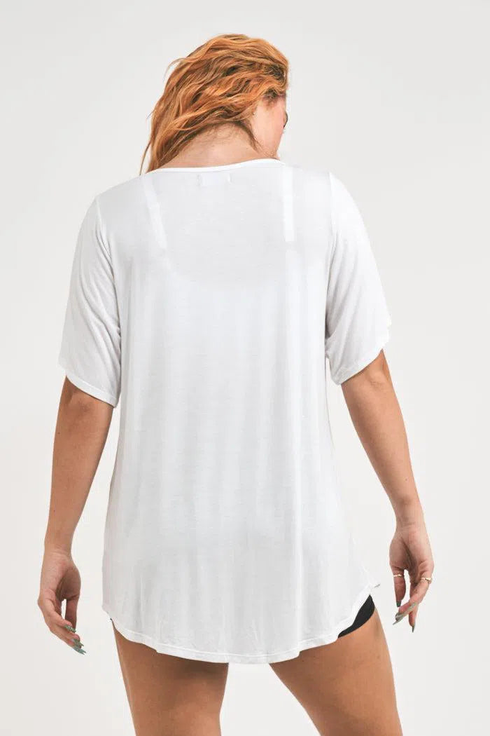 Net V Neck Boyfriend Tee - White-Activewear-Exoticathletica