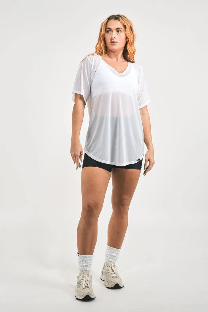 Net V Neck Boyfriend Tee - White-Activewear-Exoticathletica