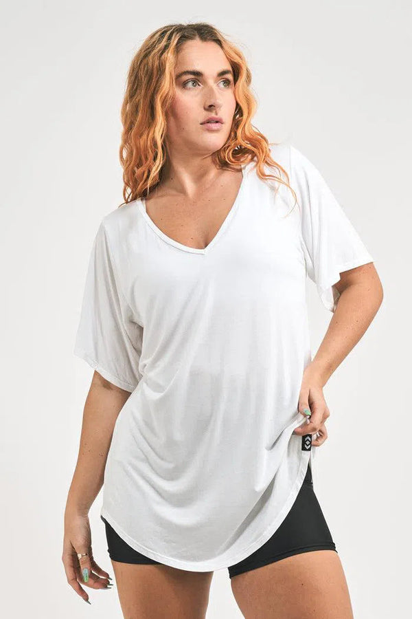 Net V Neck Boyfriend Tee - White-Activewear-Exoticathletica