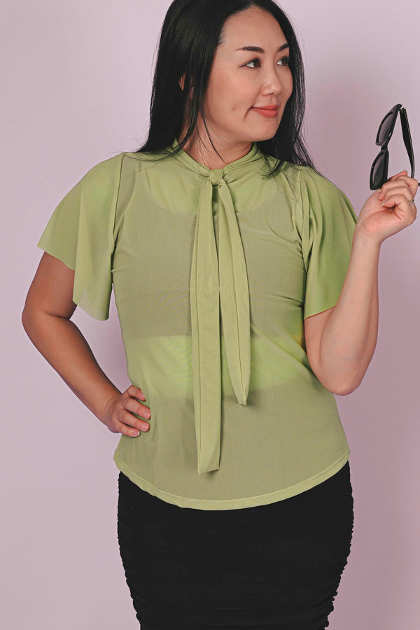 Olive Green Net - Boss Bish Blouse W/ Flutter Sleeve-Activewear-Exoticathletica