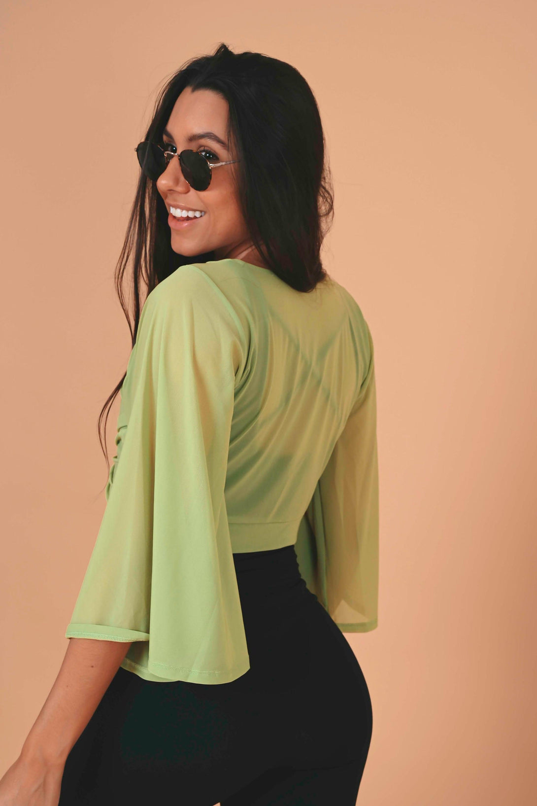 Olive Green Net - Reversible Wrap Blouse W/ Long Bell Sleeves-Activewear-Exoticathletica
