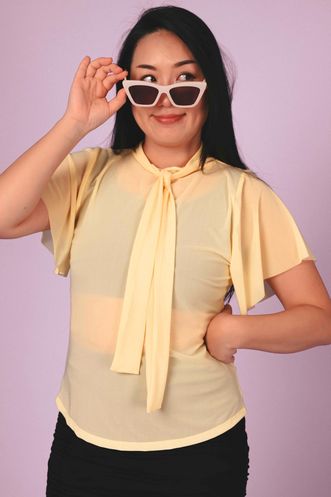 Pale Yellow Net - Boss Bish Blouse W/ Flutter Sleeve-Activewear-Exoticathletica